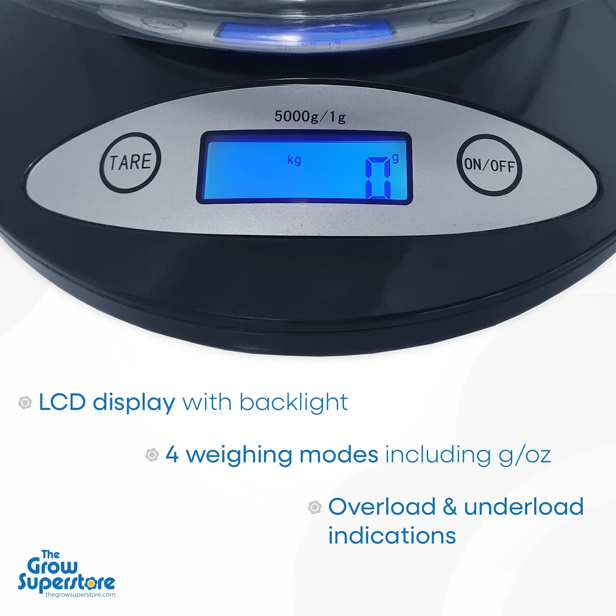 Close-up of Precise Scale PS5000 LCD screen with tare and on/off buttons. Offers 4 weighing modes (g, oz, etc.), backlit display, and alerts for overload and underload. Accurate to 0.1g up to 5000g. Reliable digital scale for kitchen, hydroponic, or home use.