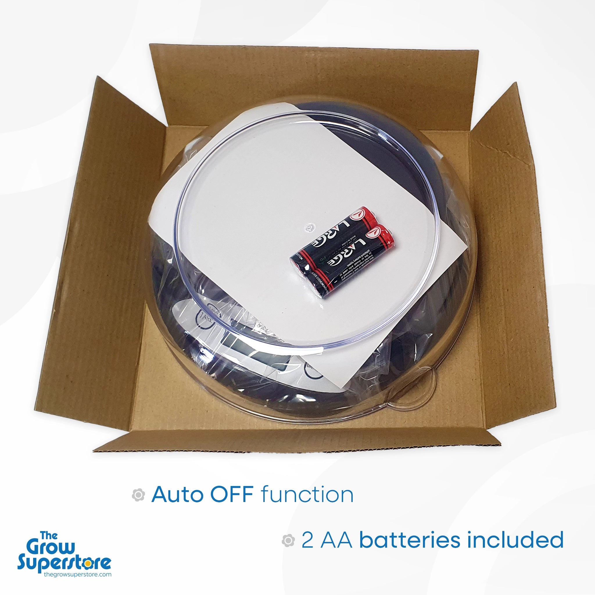 Digital scale PS5000 shown inside packaging with included 2 AA batteries and transparent 2L weighing bowl. Features include auto-off function for energy saving. Perfect for precise measuring tasks in kitchens, grow rooms, or labs. Supplied by The Grow Superstore.