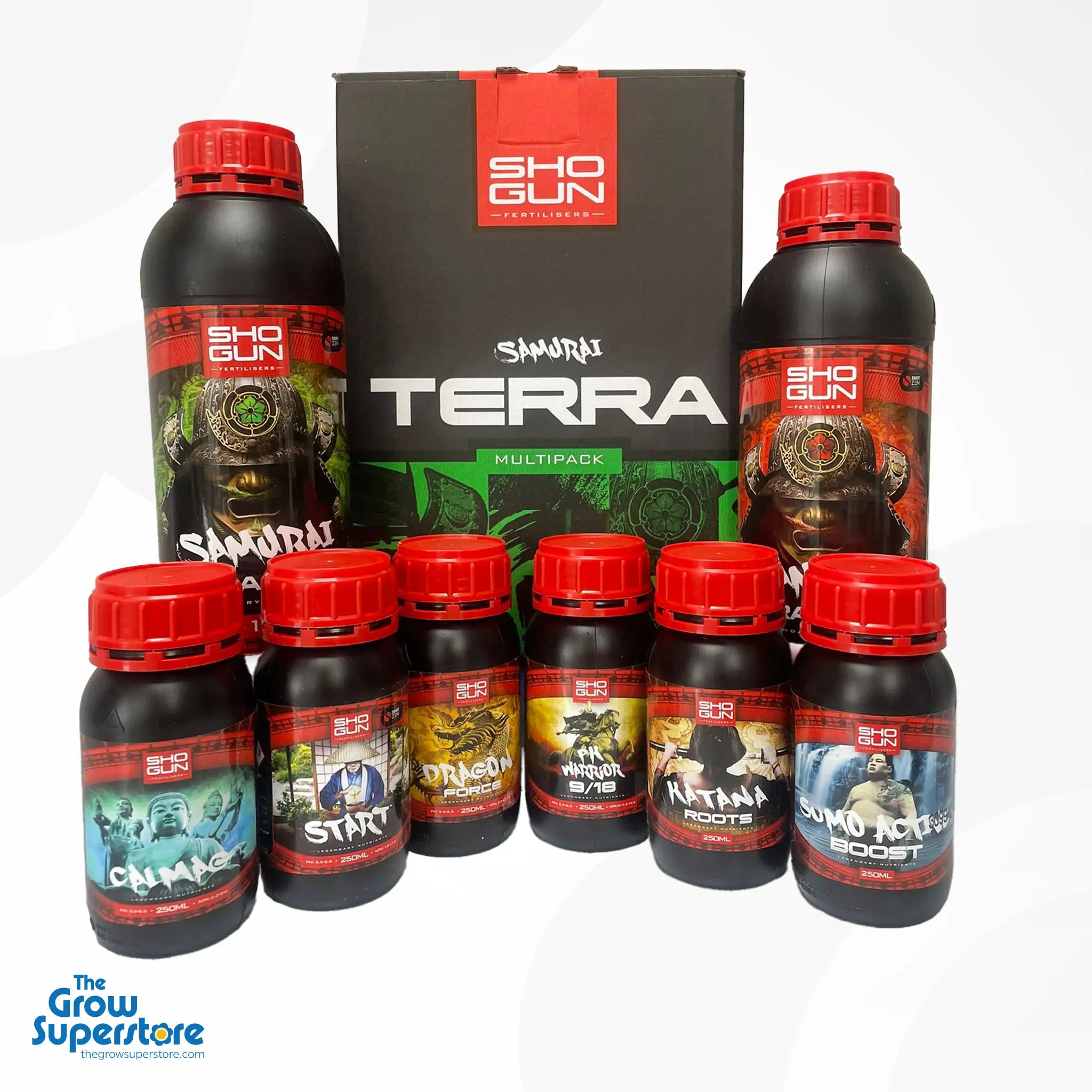 The complete Shogun Terra Starter Kit, including two 1L bottles and six 250ml bottles, displayed in front of its black and green packaging box – thegrowsuperstore.com