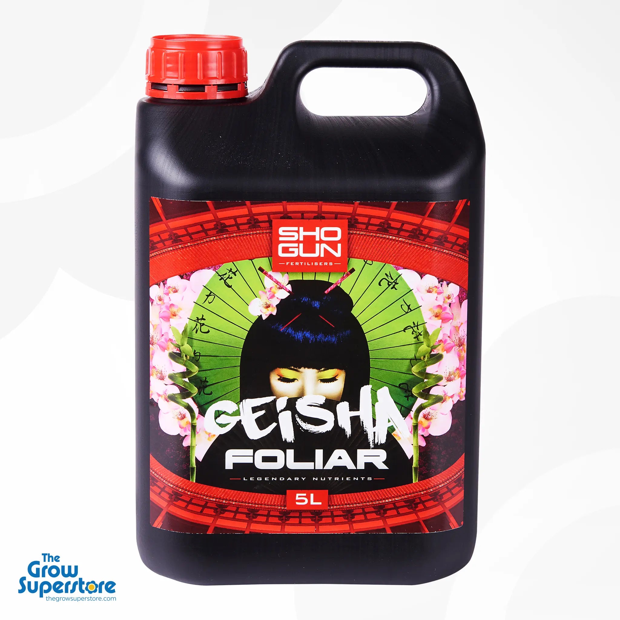 5 L jerry can of SHOGUN Geisha foliar booster showing vibrant label with green umbrella design – thegrowsuperstore.com