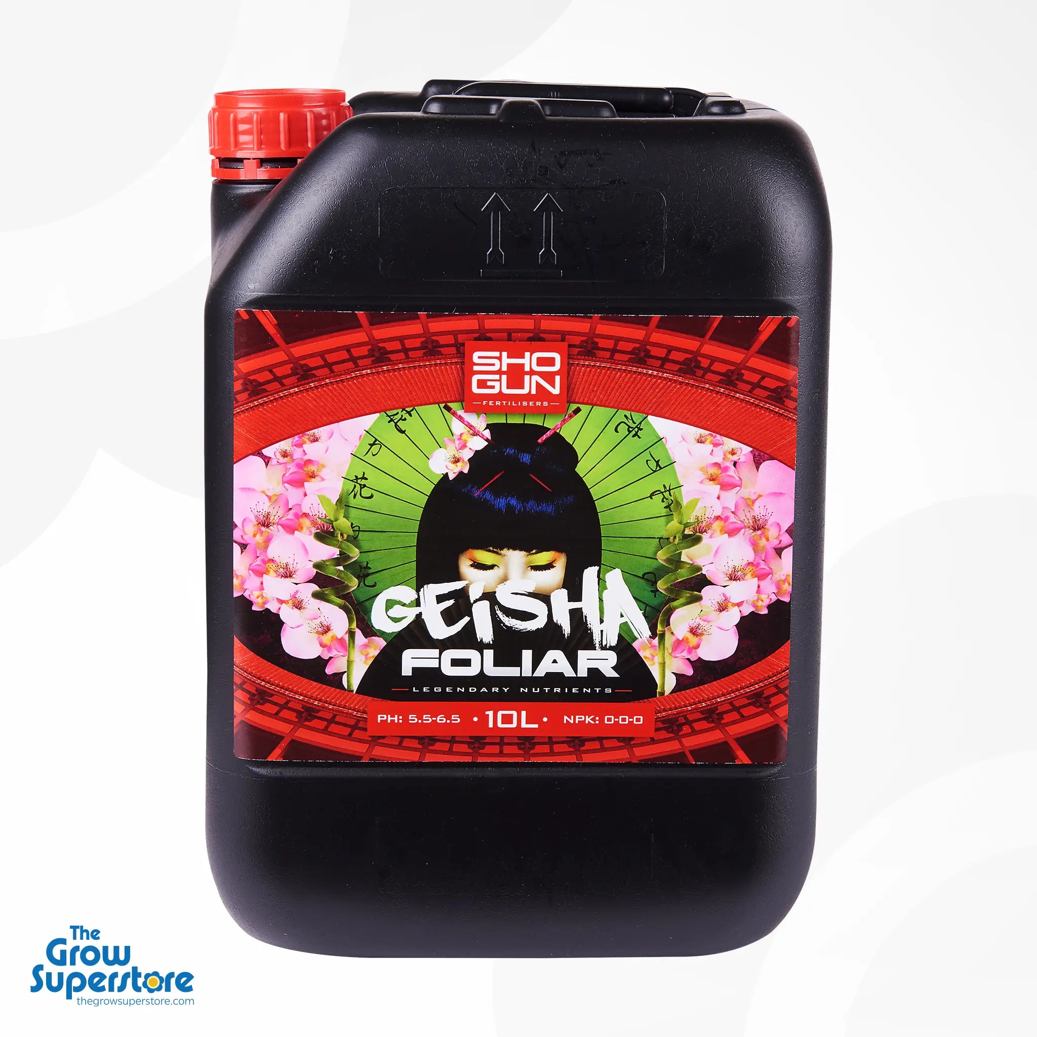 10 L container of SHOGUN Geisha foliar booster labelled with pH 5.5–6.5, NPK 0-0-0 – thegrowsuperstore.com