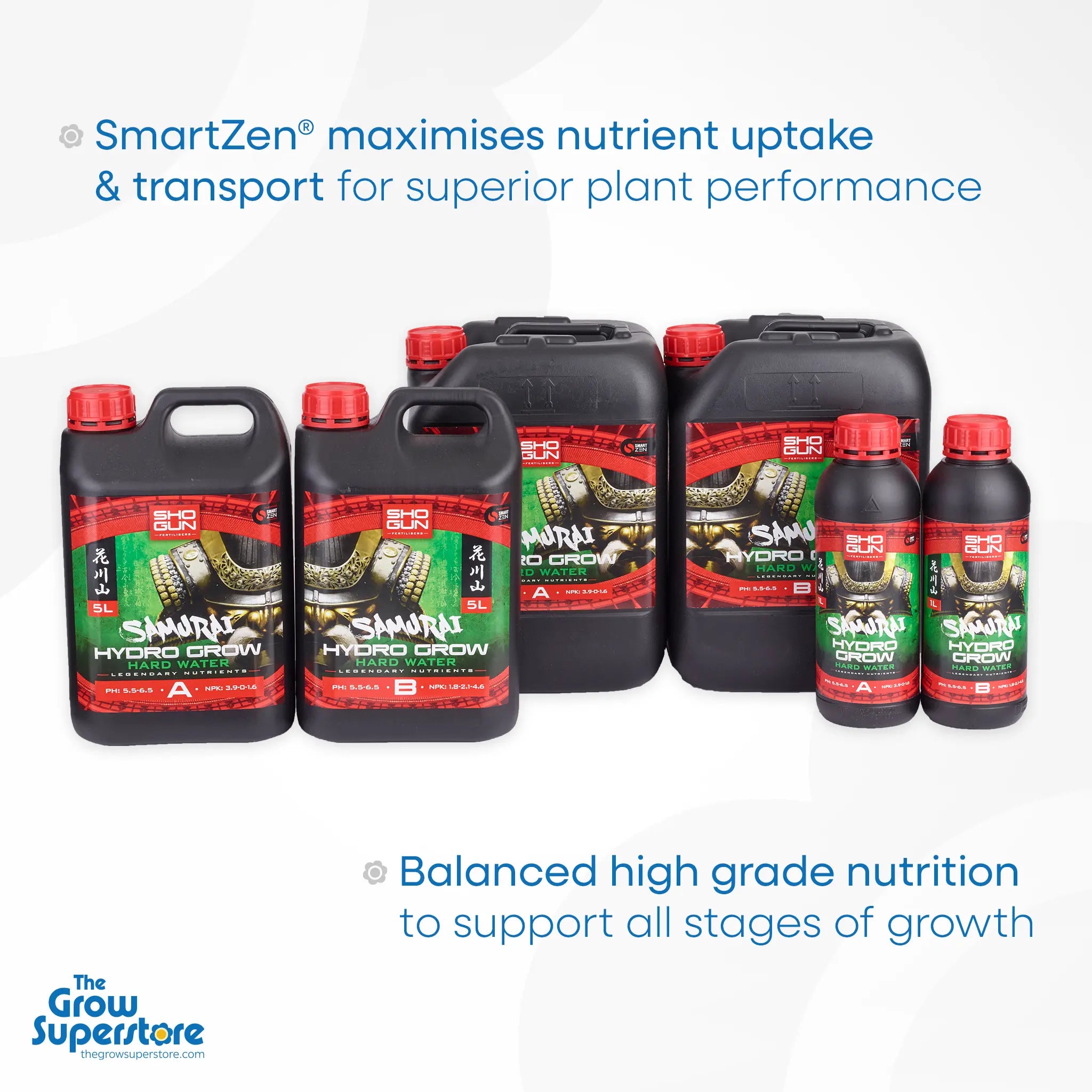 Group of black 1 L, 5 L and 10 L SHOGUN Samurai Hydro Grow Hard Water A&B nutrient bottles—featuring red caps, vibrant green samurai helmet branding—ideal for hydroponic vegetative growth – thegrowsuperstore.com