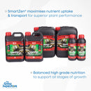 Group of black 1 L, 5 L and 10 L SHOGUN Samurai Hydro Grow Hard Water A&B nutrient bottles—featuring red caps, vibrant green samurai helmet branding—ideal for hydroponic vegetative growth – thegrowsuperstore.com