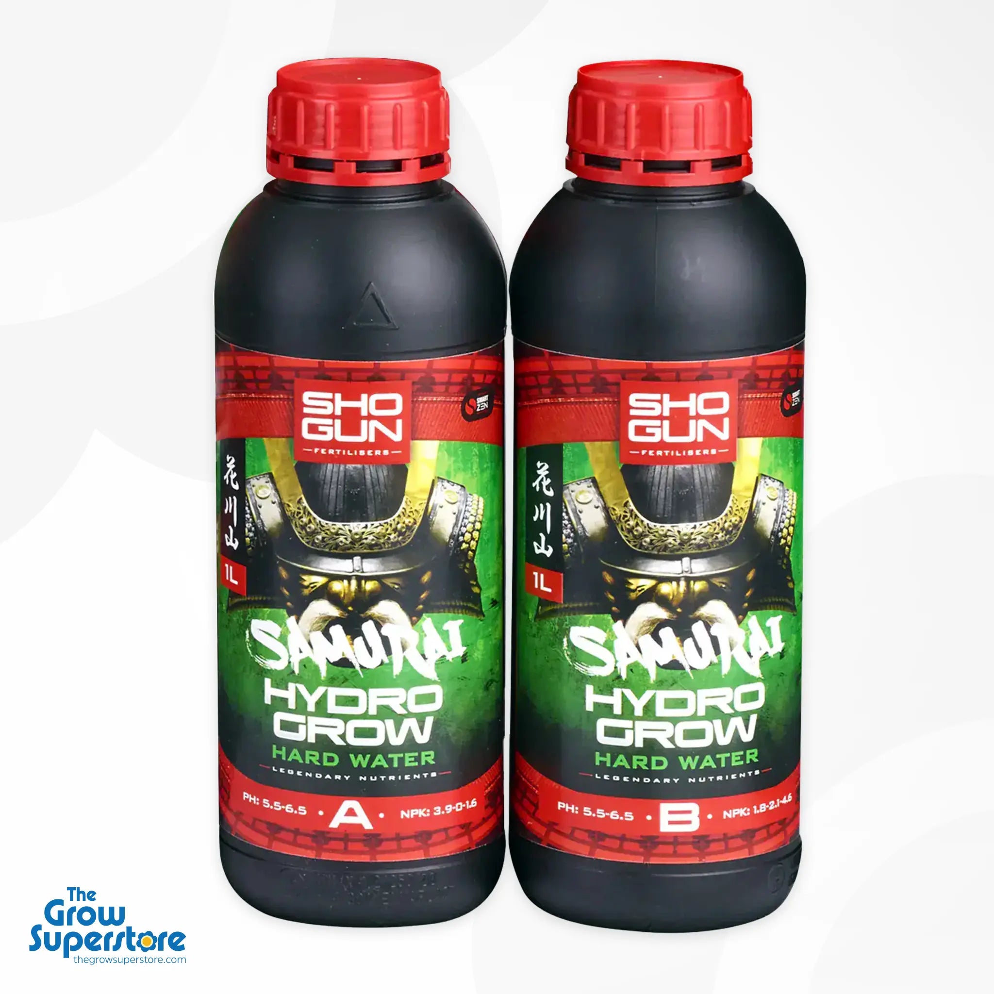 Close-up of two 1 L SHOGUN Samurai Hydro Grow Hard Water A and B bottles with red screw caps and samurai helmet labels—perfect for UK hydroponic nutrient feeding – thegrowsuperstore.com