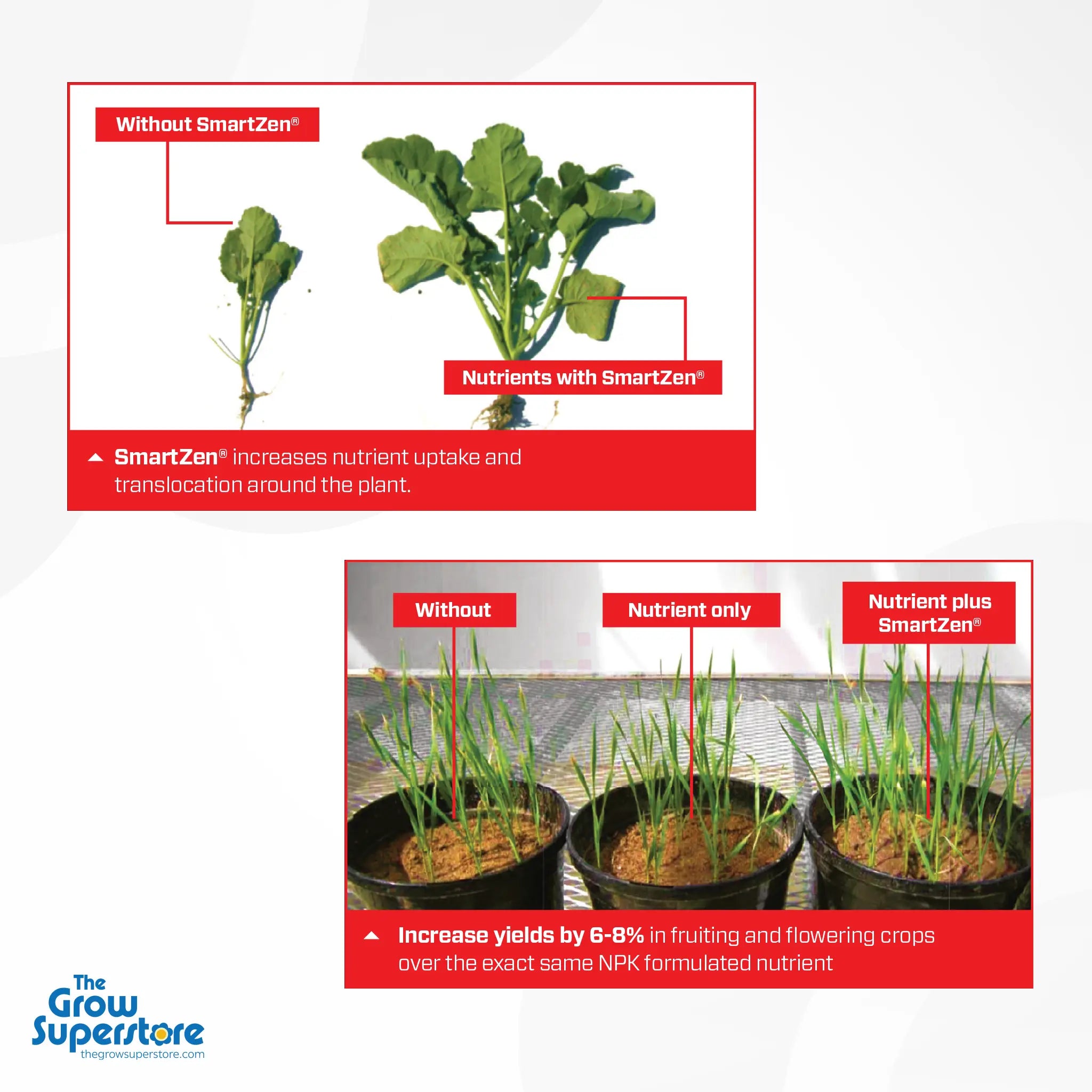 Graphic comparison showing seedlings grown without SmartZen® versus with SmartZen®, illustrating increased root and foliage growth – thegrowsuperstore.com