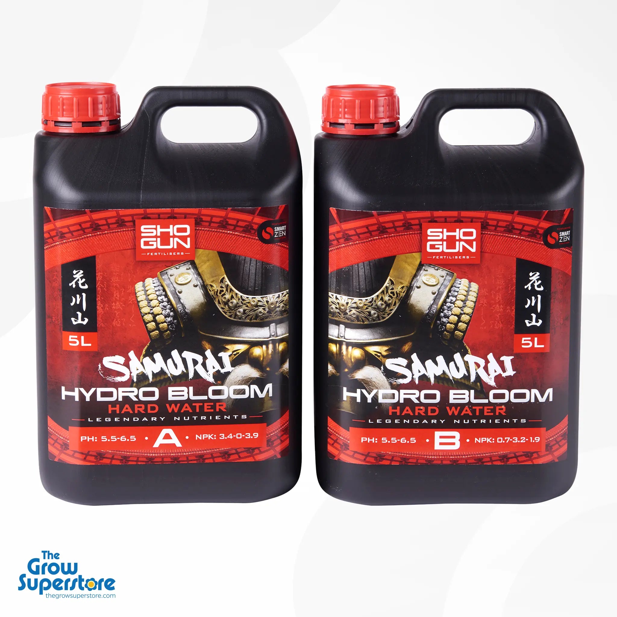 Shogun Samurai Hydro Bloom A & B Hard Water in 5 L black jerry cans with Samurai mask branding – thegrowsuperstore.com