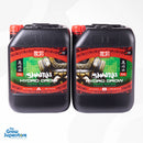 Two 10 L SHOGUN Samurai Hydro Grow Hard Water A and B jerrycans with red lids and samurai helmet artwork—premium hydroponic nutrient solution for hard water systems – thegrowsuperstore.com