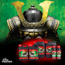 Atmospheric promotional display of SHOGUN Samurai Hydro Grow Hard Water bottles and jerrycans in front of a samurai helmet background—showcasing SmartZen-enhanced hydroponic nutrient power – thegrowsuperstore.com