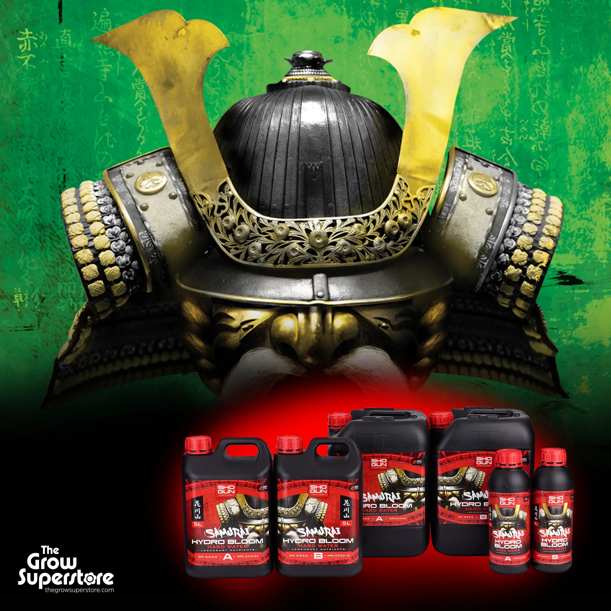 Promotional banner featuring Samurai helmet artwork in the background with multiple Shogun Samurai Hydro Bloom A & B Hard Water bottles and cans in foreground – thegrowsuperstore.com