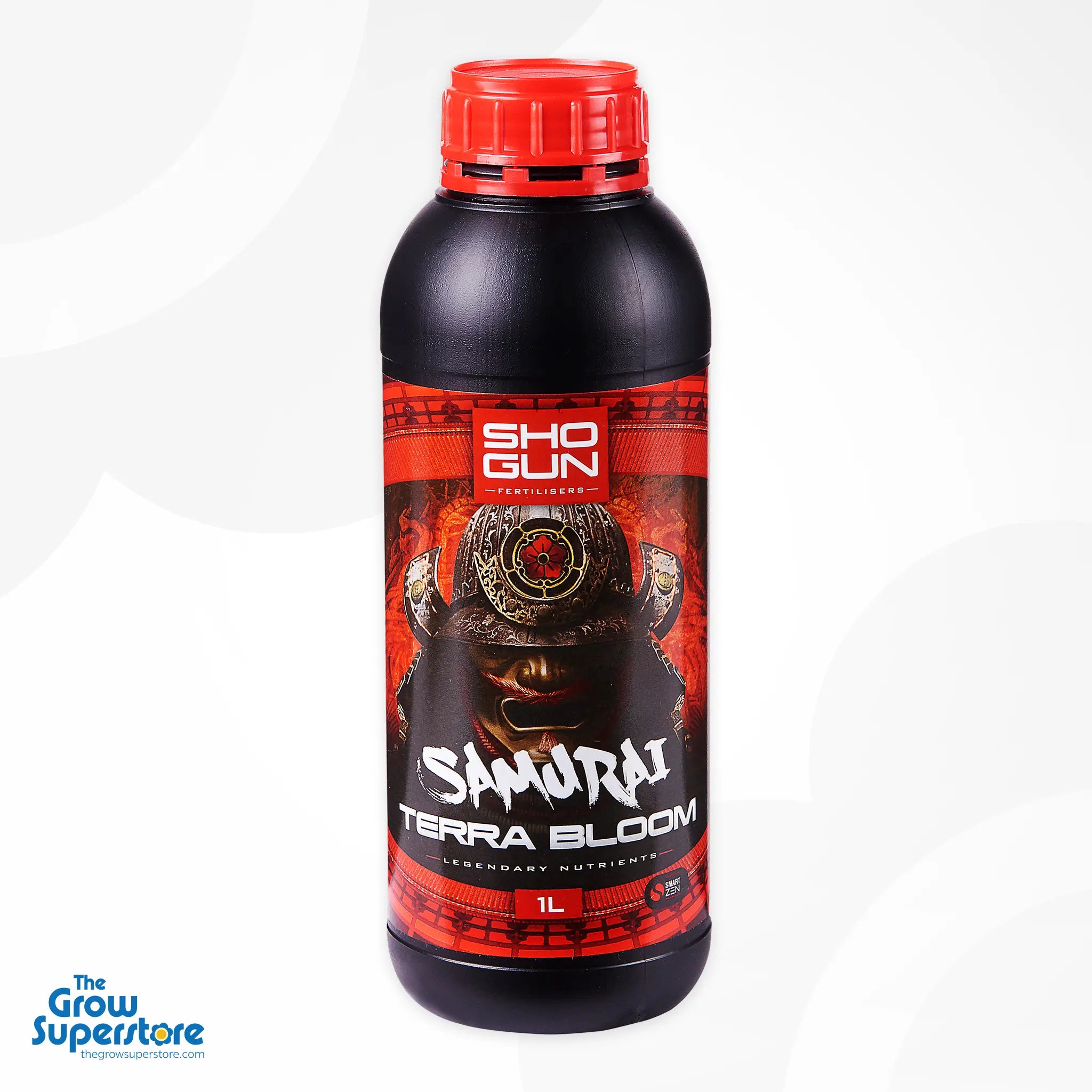 Close‑up of the 1 L bottle of SHOGUN Samurai Terra Bloom showing detailed red neck cap and prominent samurai logo on a white background – thegrowsuperstore.com