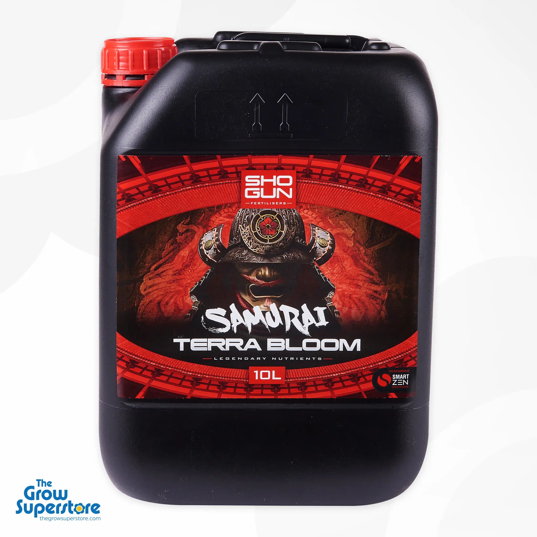Close‑up of the 10 L container of SHOGUN Samurai Terra Bloom highlighting the black and red bold samurai branding and SmartZen logo – thegrowsuperstore.com