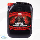 Close‑up of the 10 L container of SHOGUN Samurai Terra Bloom highlighting the black and red bold samurai branding and SmartZen logo – thegrowsuperstore.com