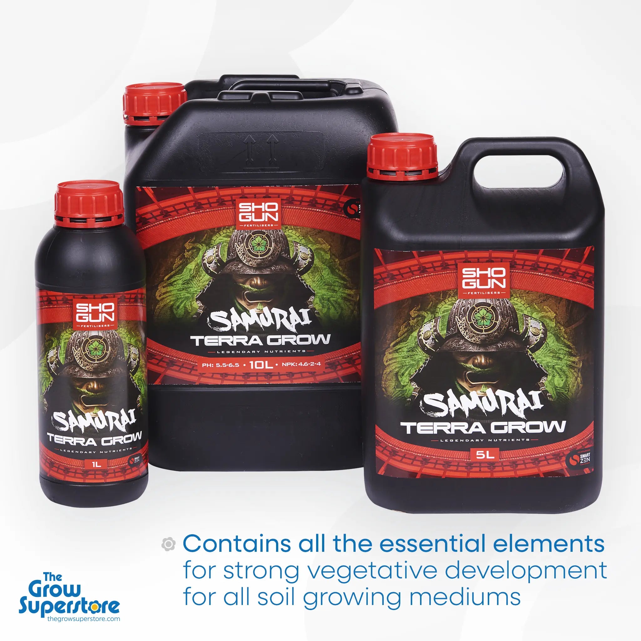 Full SHOGUN Samurai Terra Grow bottle range in 1L, 5L, and 10L sizes, showcasing nutrient packaging for soil-based plant growth – thegrowsuperstore.com
