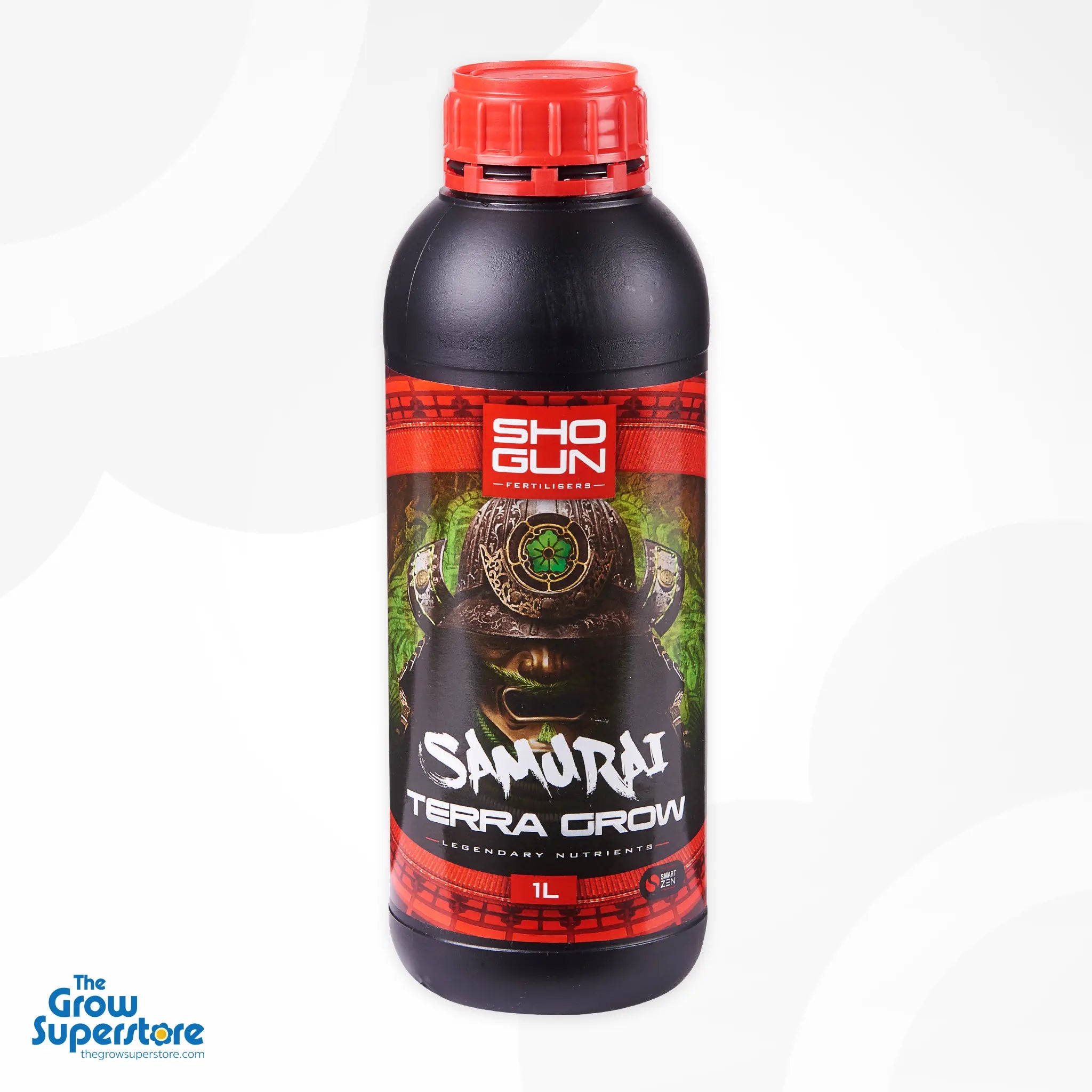 Front view of SHOGUN Samurai Terra Grow 1L bottle, featuring bold branding and SmartZen logo – thegrowsuperstore.com