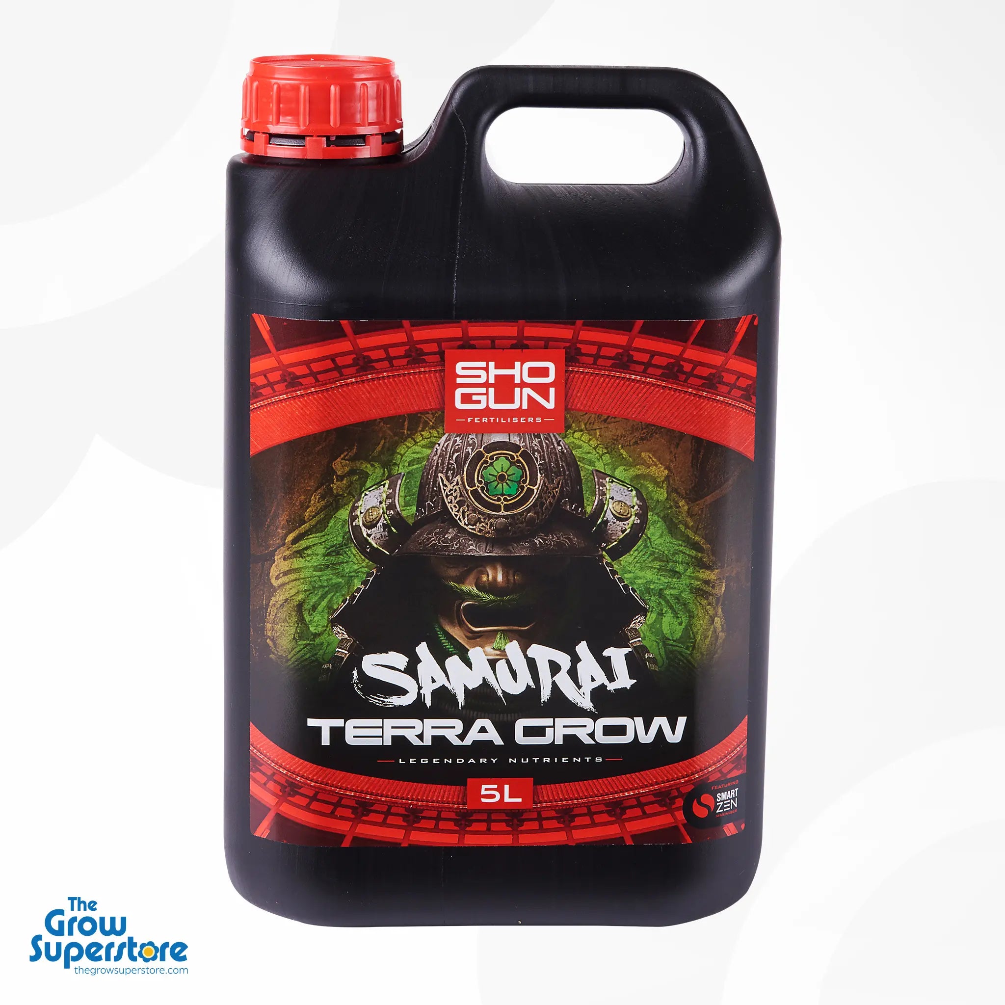 Front view of SHOGUN Samurai Terra Grow 5L container with red cap and Samurai-themed label – thegrowsuperstore.com
