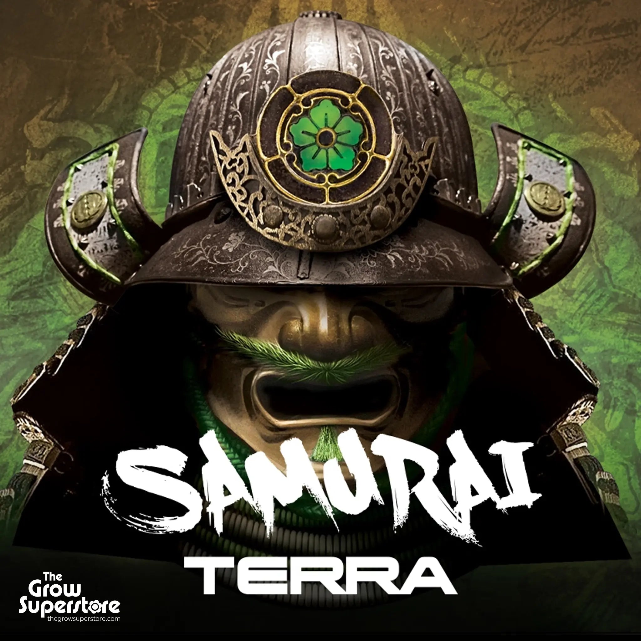 Close-up of the SHOGUN Samurai Terra Grow helmet artwork with traditional Japanese design and green highlights – thegrowsuperstore.com