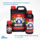 Three container sizes of SHOGUN Start propagation booster (250 ml, 1 L, 5 L) set against a light background with text ‘Accelerates germination & reduce root sprouting time’ – thegrowsuperstore.com
