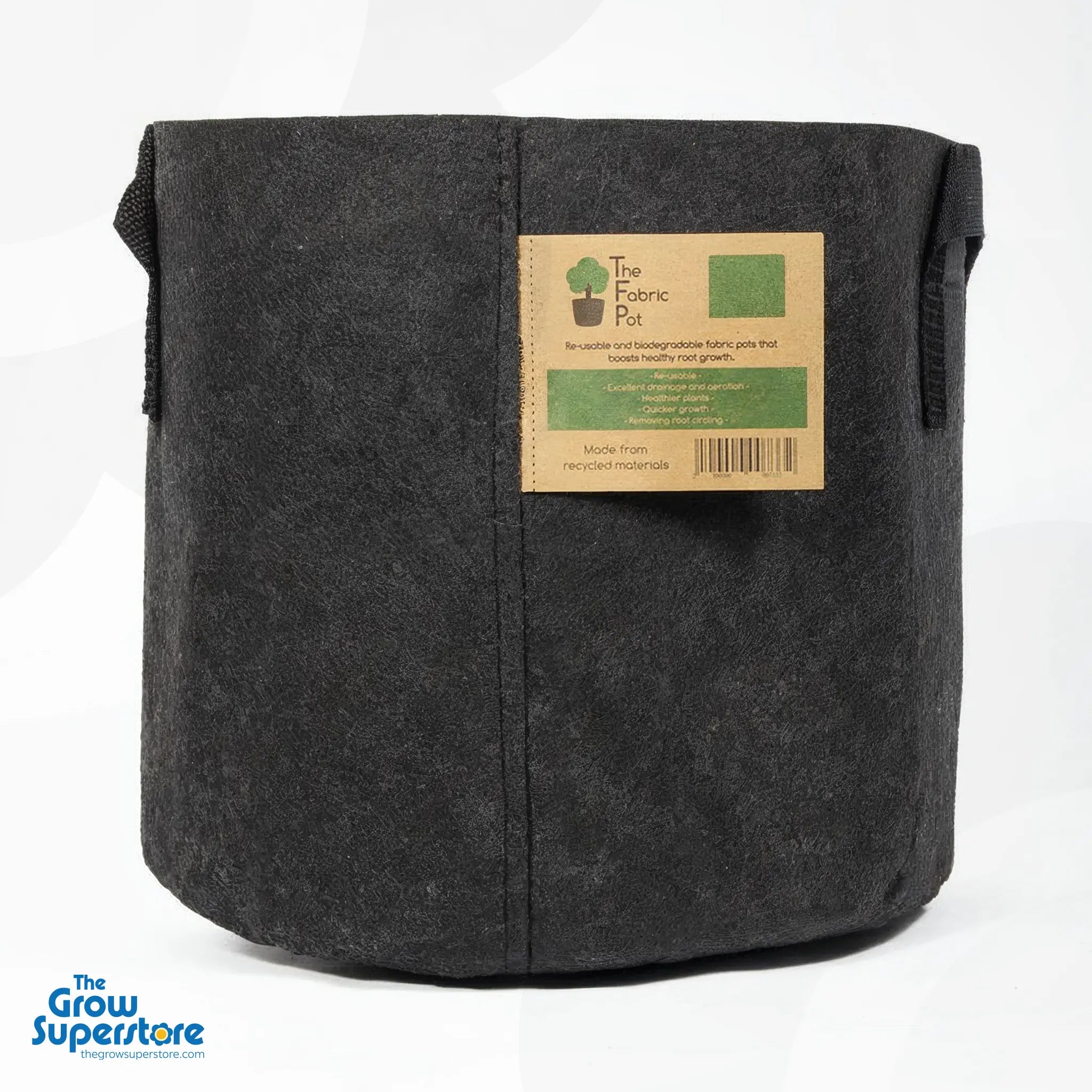 Black fabric grow pot with strong stitched handles, labelled for 30L capacity – thegrowsuperstore.com