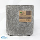 Close‑up of a single grey round fabric pot with a kraft paper label detailing “The Fabric Pot grey” branding – thegrowsuperstore.com