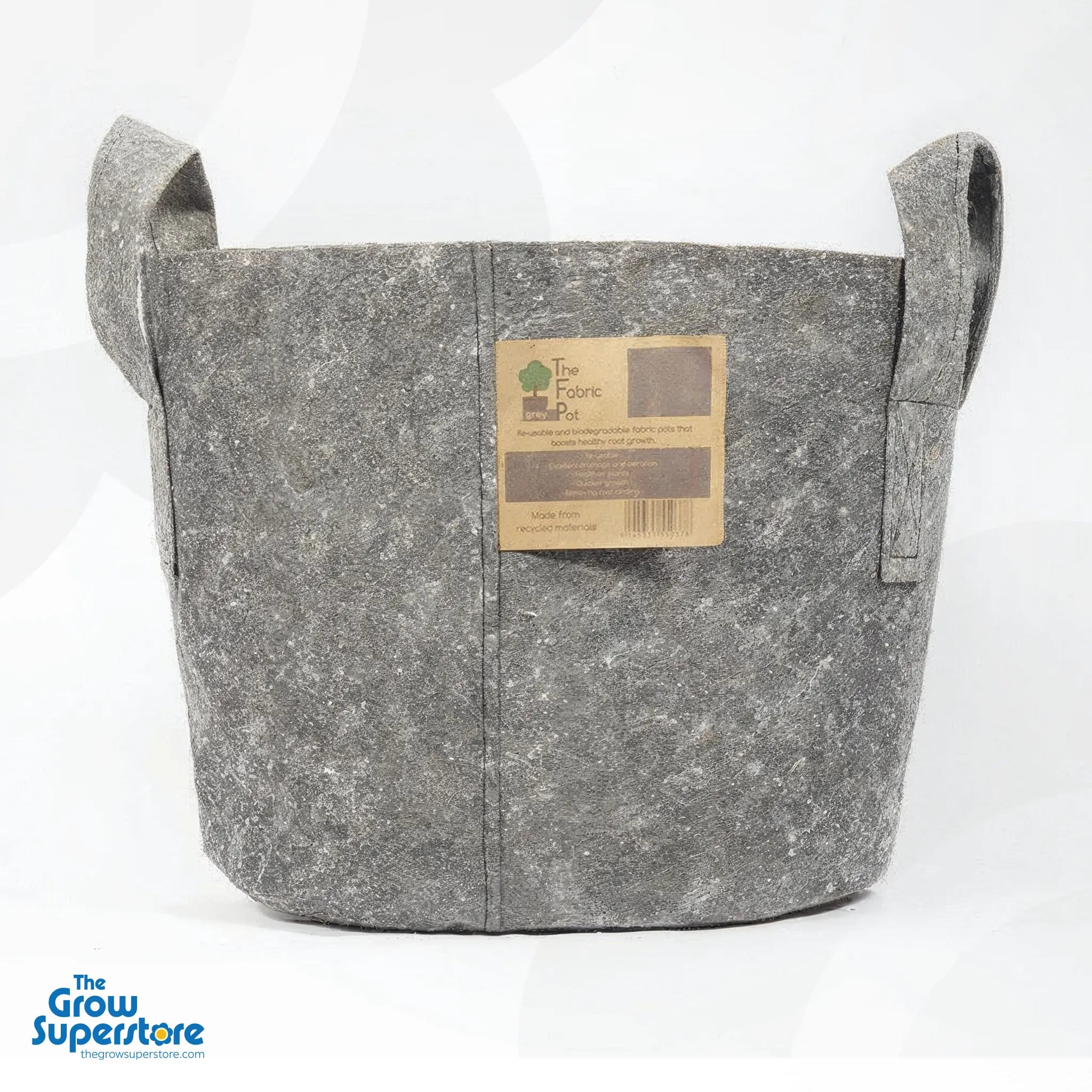 Grey round fabric pot featuring sturdy side handles clearly visible against a clean white background – thegrowsuperstore.com