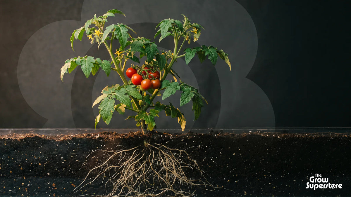 Tomato plant with exposed healthy roots, green foliage, flowers and fruit illustrating NPK plant nutrients, nitrogen, phosphorus, potassium, micronutrients, organic vs mineral feed, veg growth and bloom nutrition.