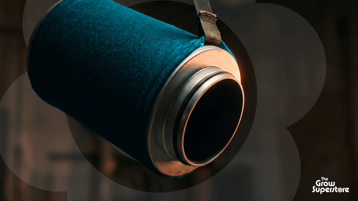 Teal felt-sleeved carbon filter hanging from a strap, open metal flange facing camera in warm light, grow room odour control