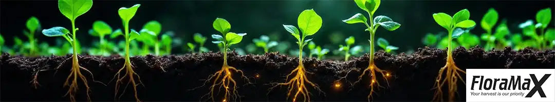 Cross-section view of healthy green seedlings growing in rich soil, with visible roots extending downward and glowing mycorrhizal networks underground, set against a dark green background. – thegrowsuperstore.com