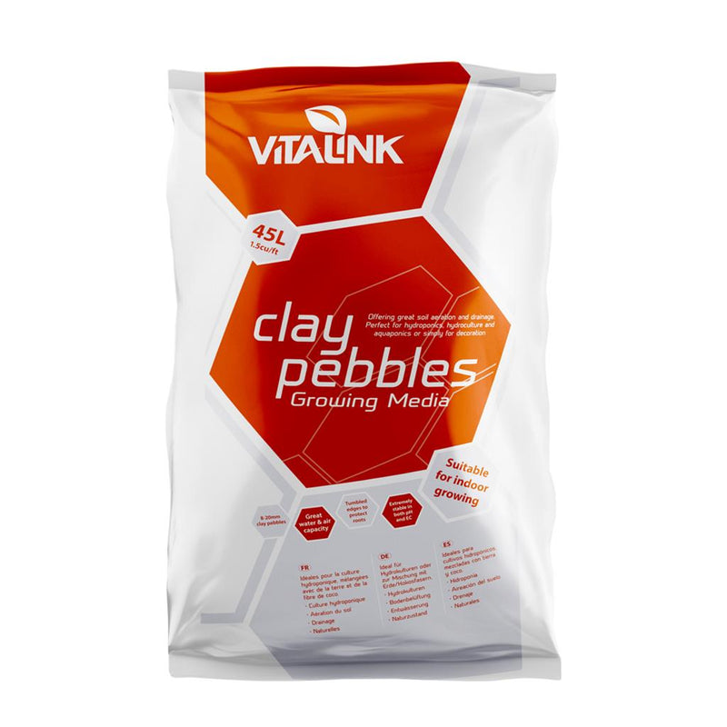 Front view of the VitaLink Clay Pebbles 45L bag, showing branded packaging with product details including EC/pH stability, 8–20mm size range, and suitability for indoor growing. Available at The Grow Superstore – thegrowsuperstore.com