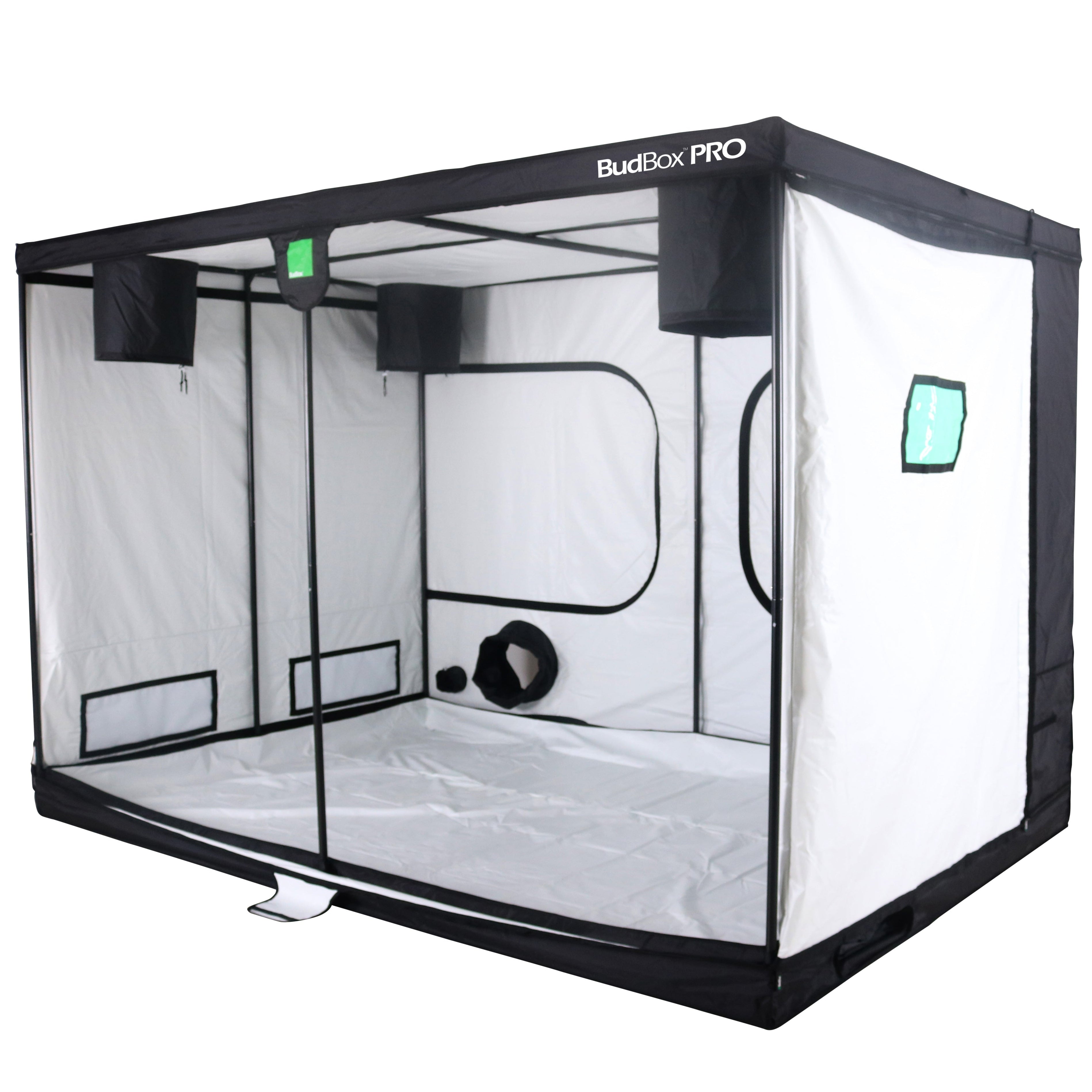 Black and white indoor grow tent with mesh sides on a white background