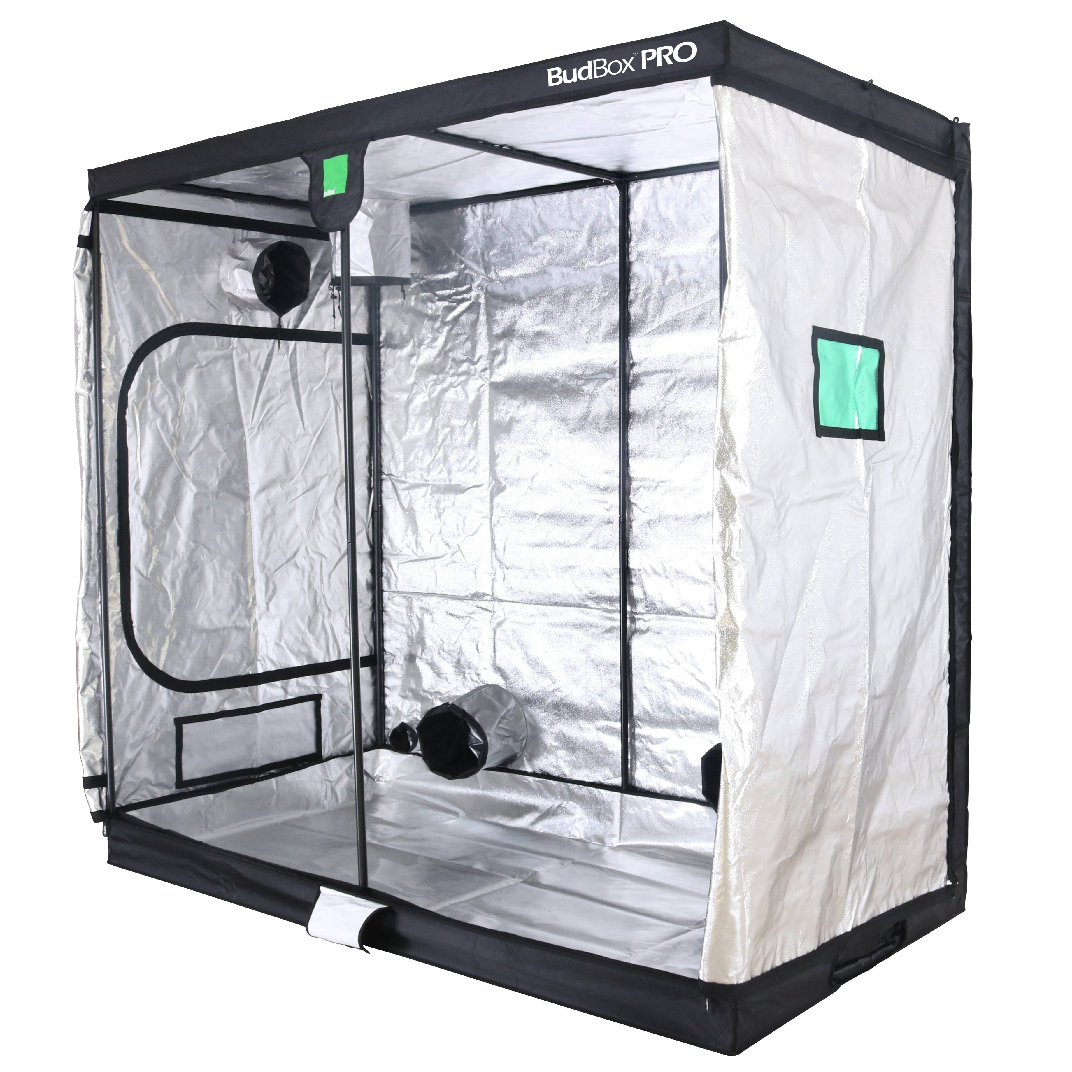 Black and white grow tent with clear panels on a white background