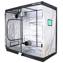 Black and white grow tent with clear panels on a white background