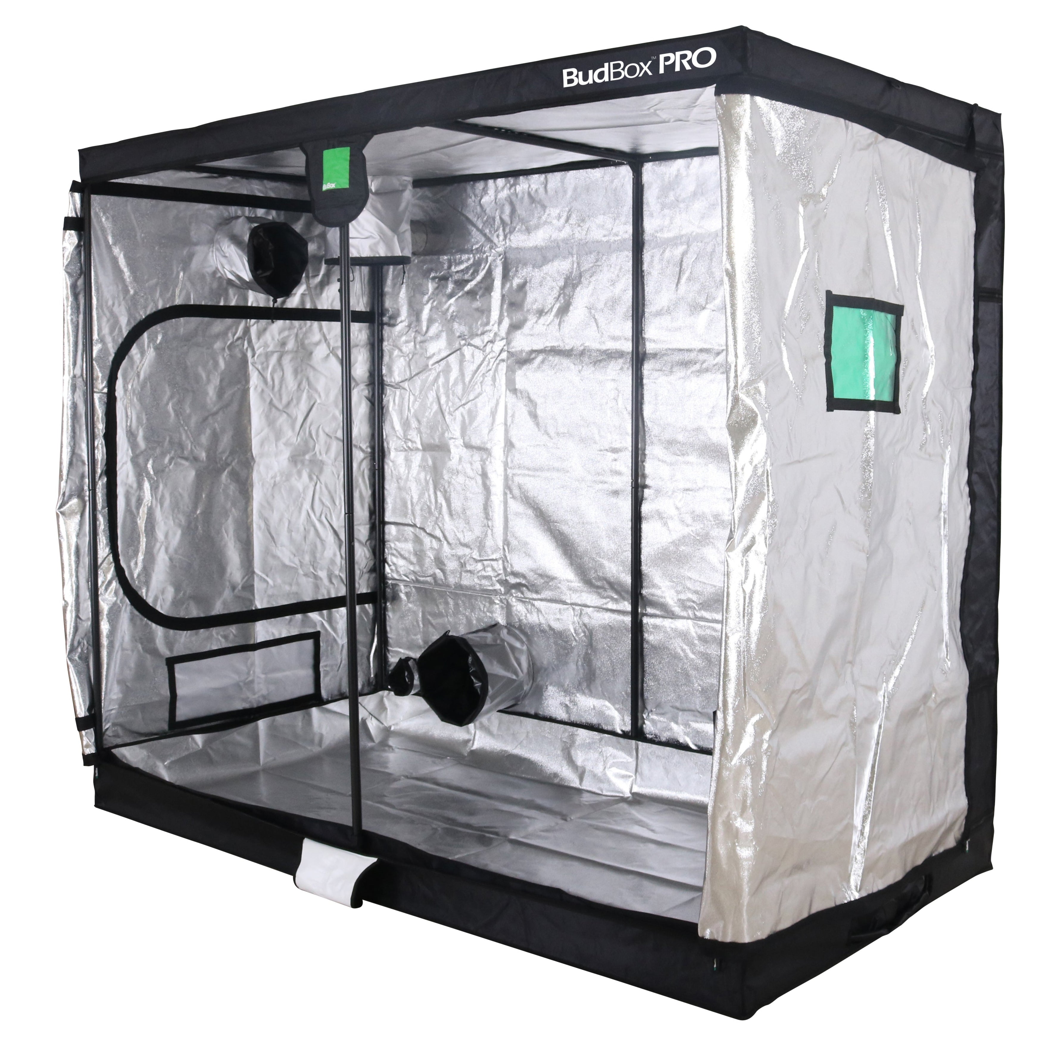 Black grow tent with reflective interior on a white background