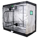 Black grow tent with reflective interior on a white background