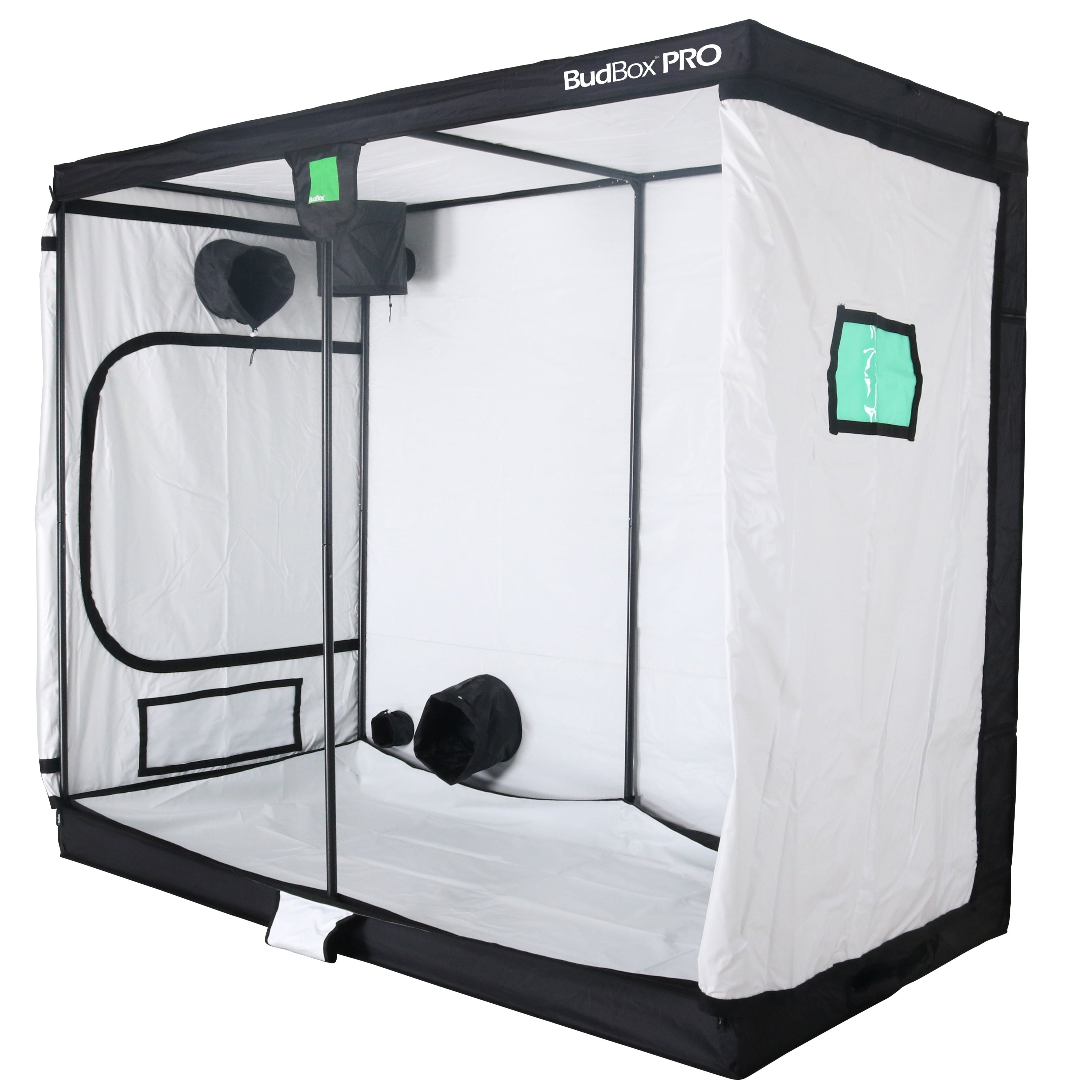 Black and white grow tent with 'BlueBox Pro' branding on a white background