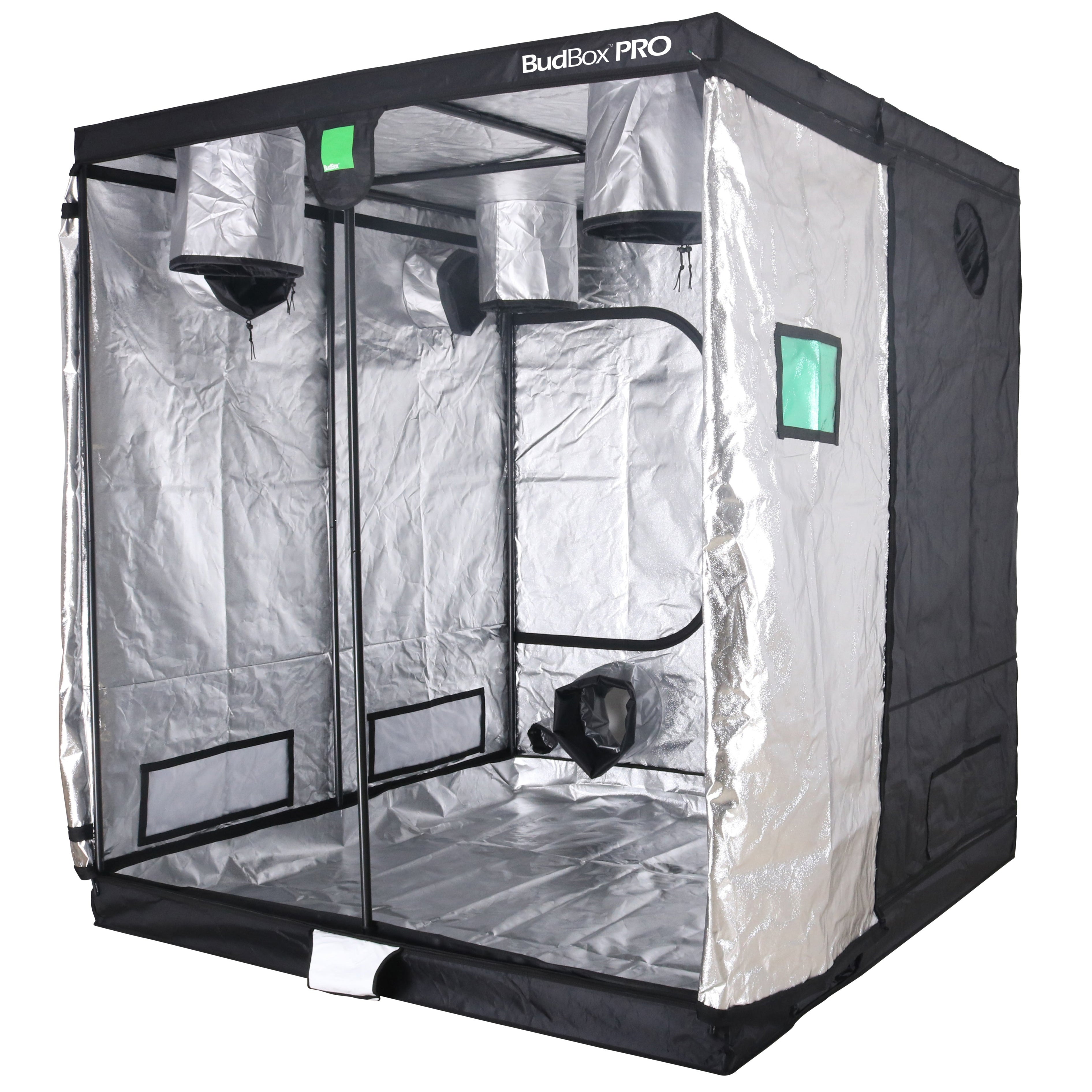 Black and silver grow tent with 'BudBox Pro' branding on a white background