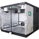 Black and gray grow tent with interior lights and controls on a white background