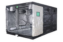 Black and gray grow tent with transparent side panels on a white background