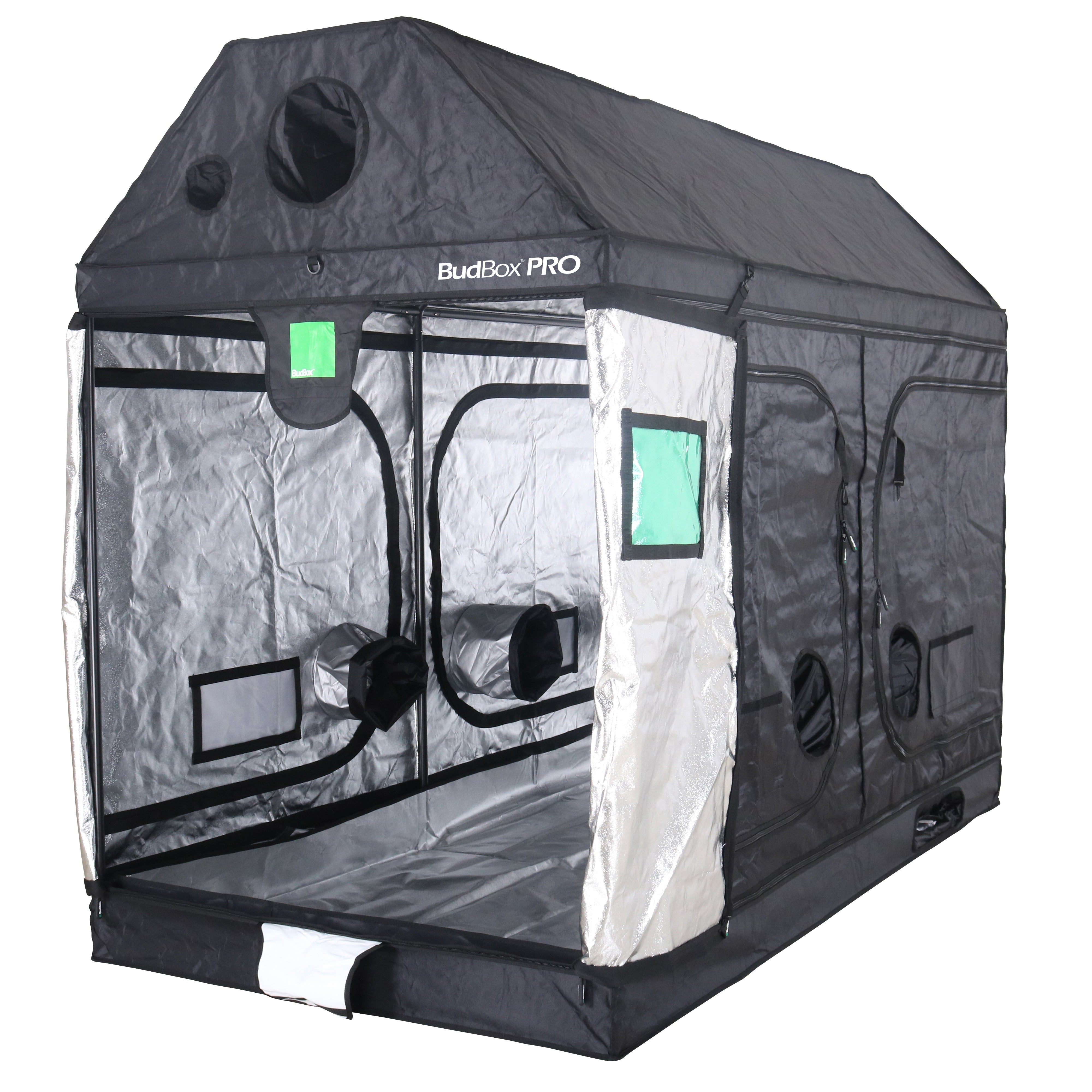Black grow tent with transparent sides on a white background