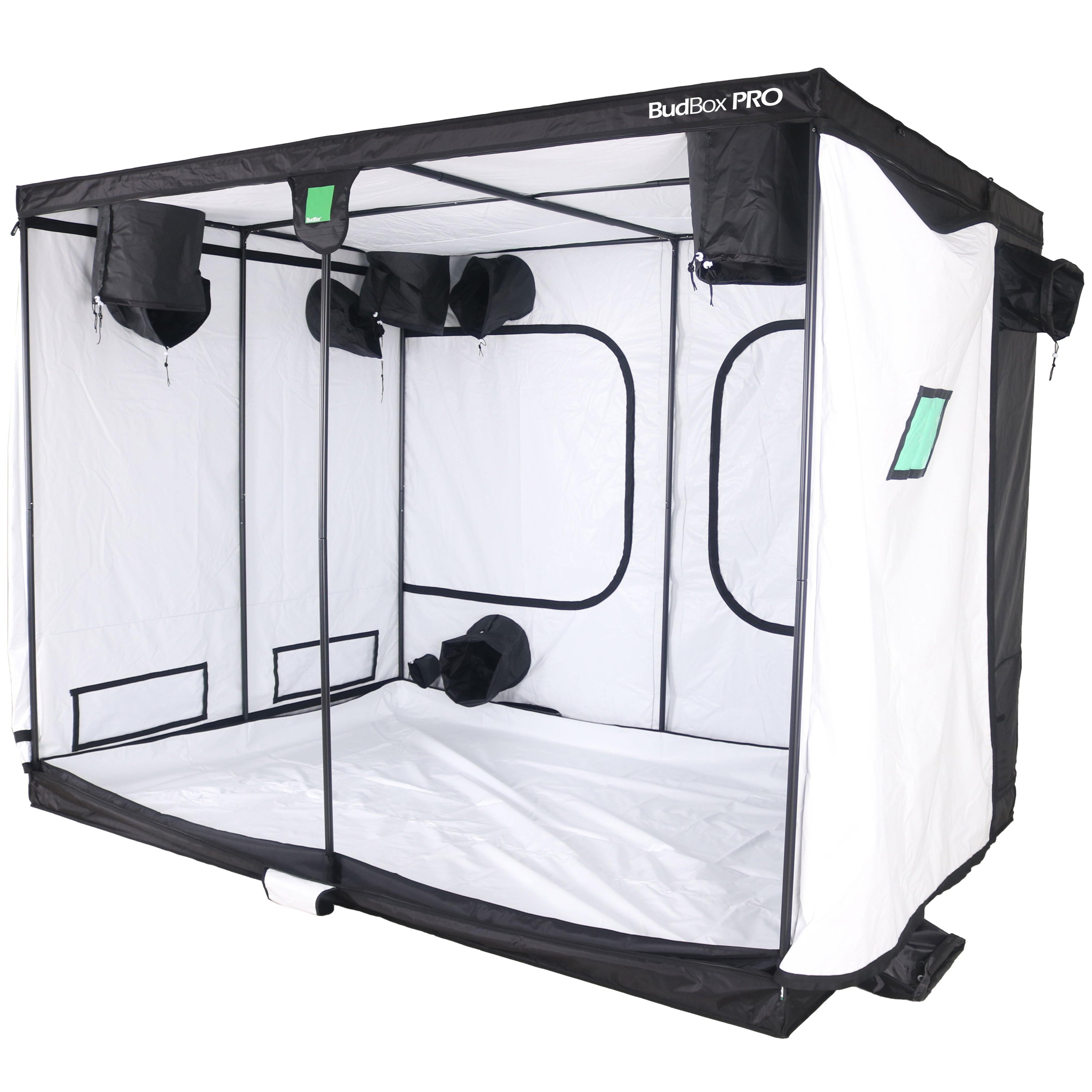 Clear grow tent with black frame and white interior on a white background