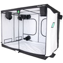 Clear grow tent with black frame and white interior on a white background