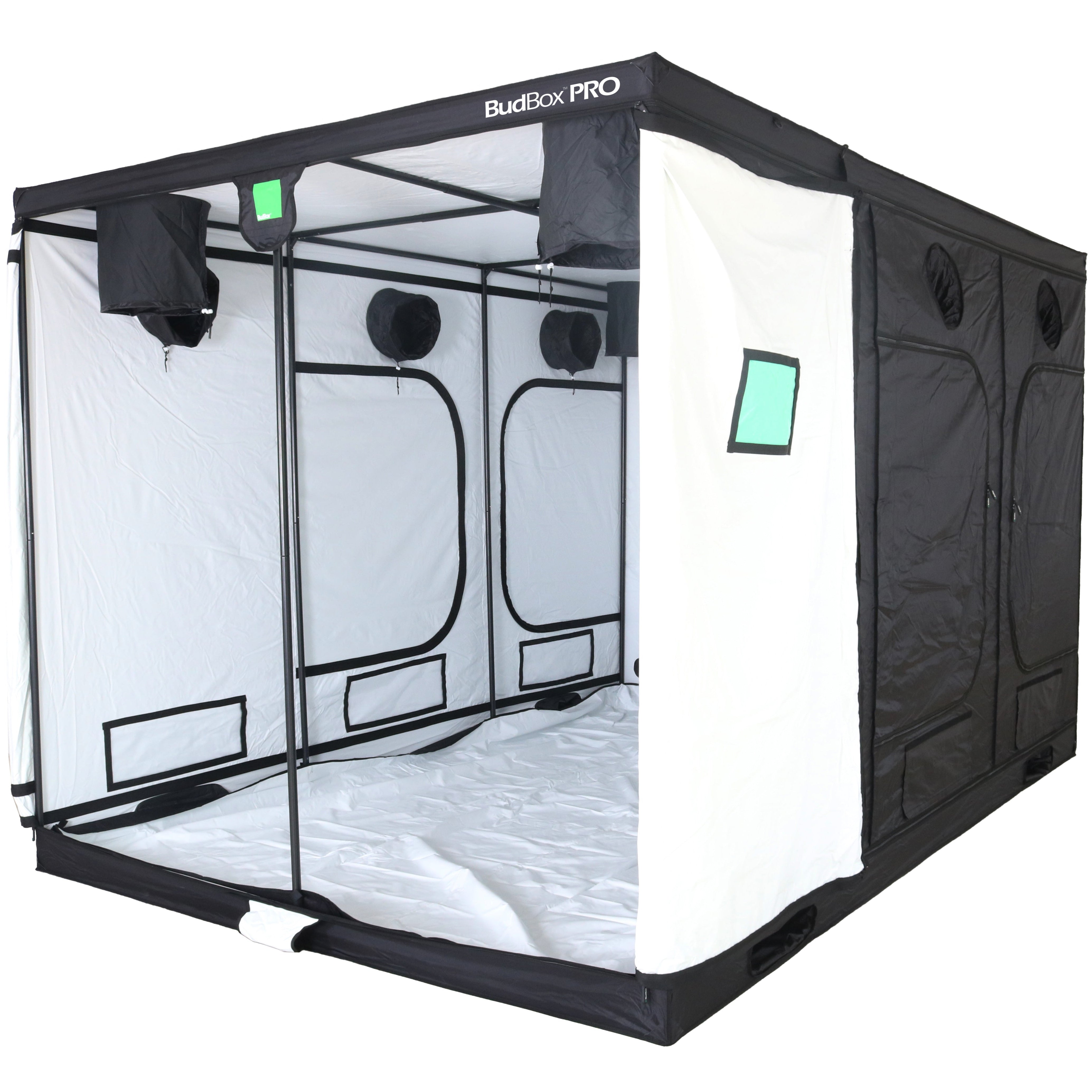 Black and white grow tent with 'BudBox Pro' branding on a white background