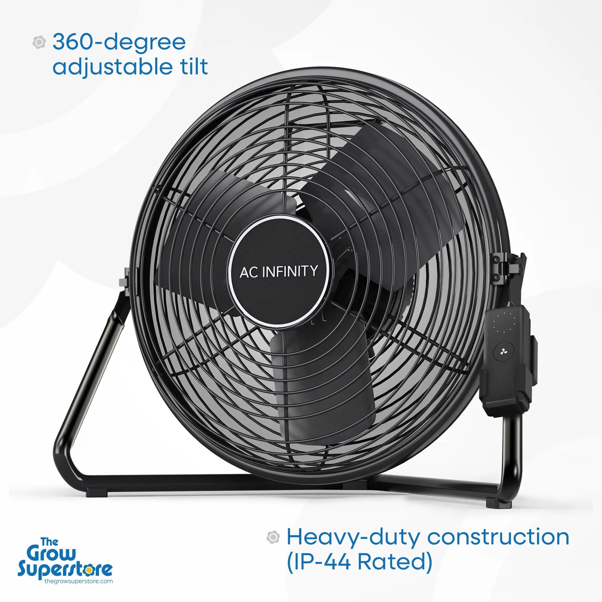 AC Infinity Cloudlift S14 floor fan shown with 360-degree adjustable tilt – thegrowsuperstore.com