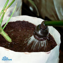 Gloved hand applying water to a hydroponic plant in a fabric pot using a misting or watering nozzle – thegrowsuperstore.com