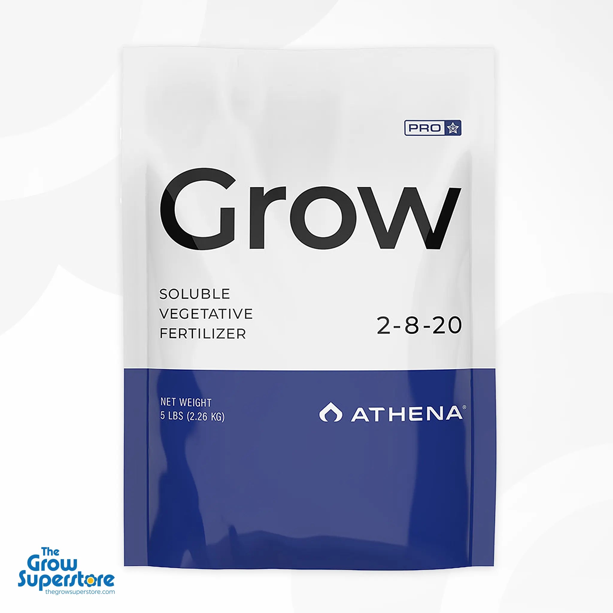 Front-facing 5 lb bag of Athena Pro Grow showing “Grow 2‑8‑20 Soluble Vegetative Fertiliser” branding – thegrowsuperstore.com
