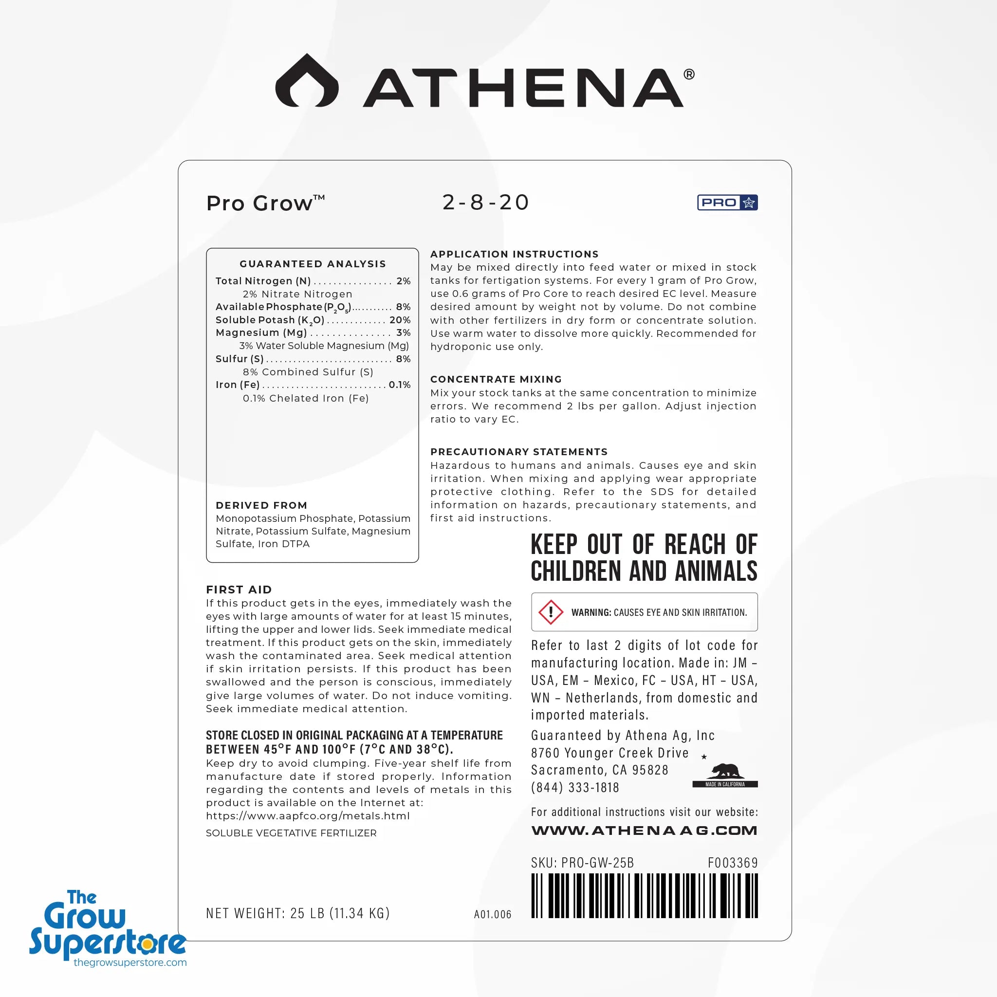 Label detail view showing guaranteed analysis and nutritional information for Athena Pro Grow – thegrowsuperstore.com