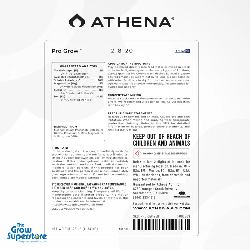 Label detail view showing guaranteed analysis and nutritional information for Athena Pro Grow – thegrowsuperstore.com