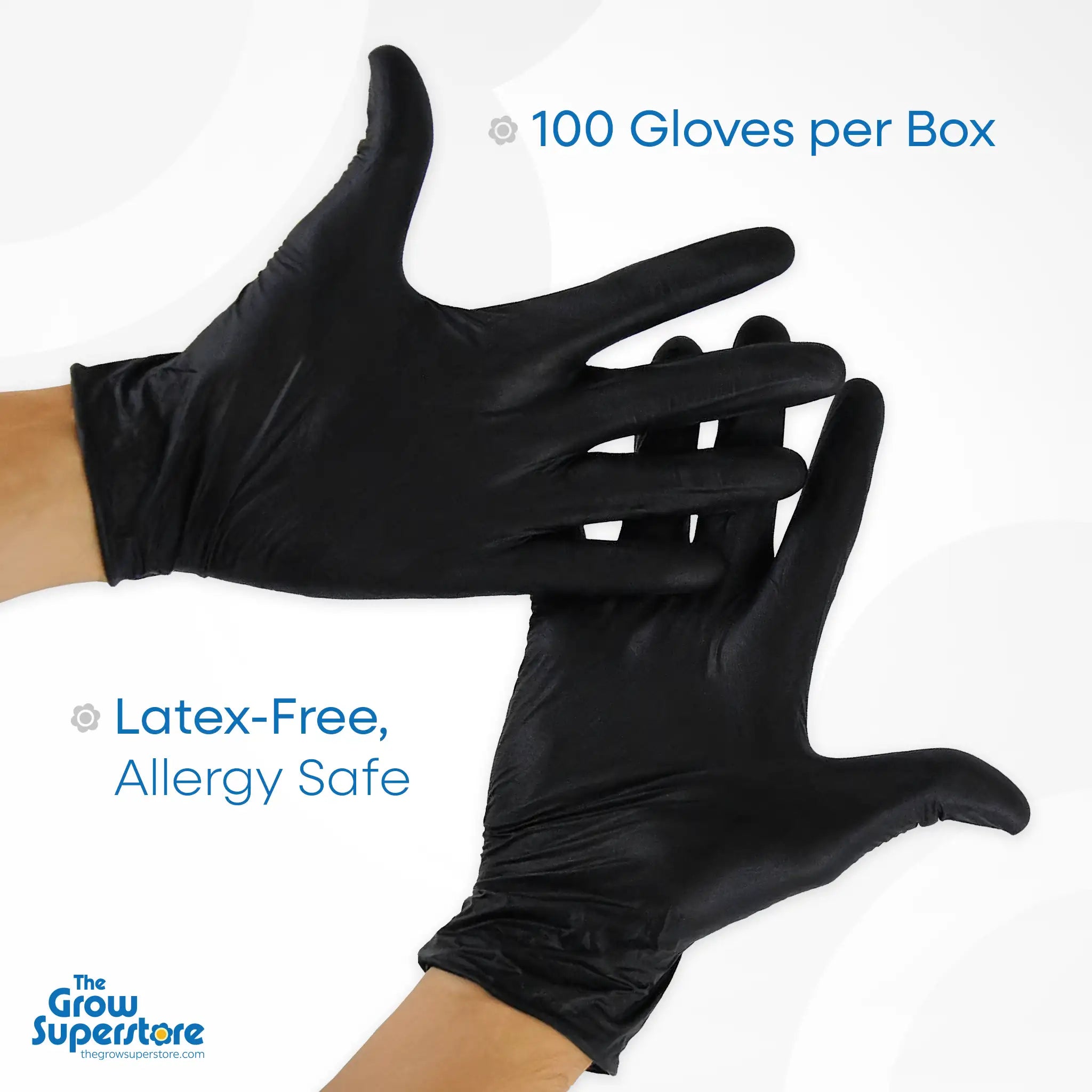 Two hands wearing black nitrile disposable gloves. Text overlay highlights: "100 Gloves per Box" and "Latex-Free, Allergy Safe