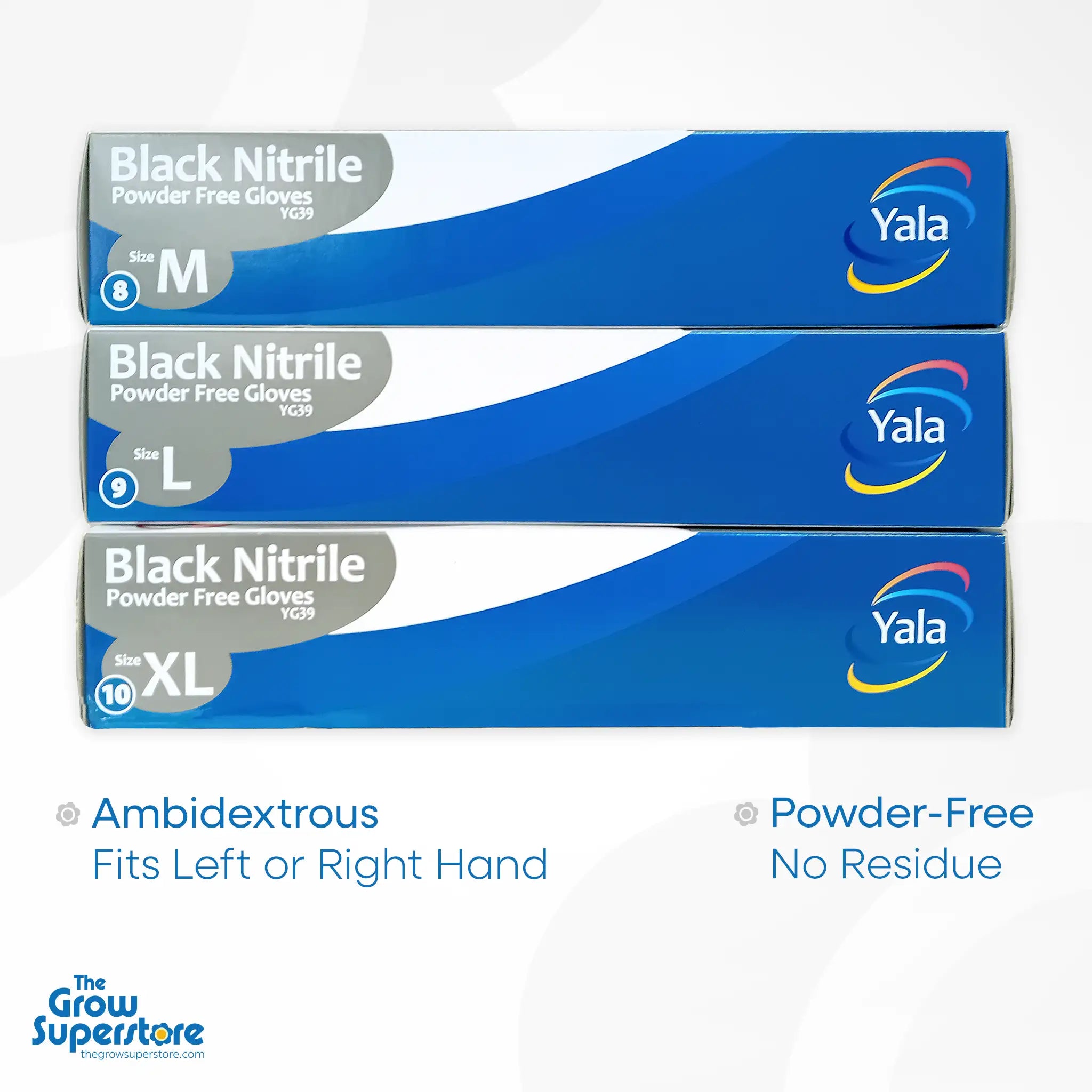 Boxes of black nitrile powder-free gloves in Medium, Large, and XL sizes. Text overlay: "Ambidextrous" and "Powder-Free, No Residue".