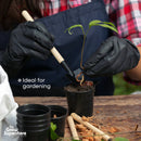 Person wearing black nitrile gloves while repotting a seedling. Text overlay: "Ideal for gardening".