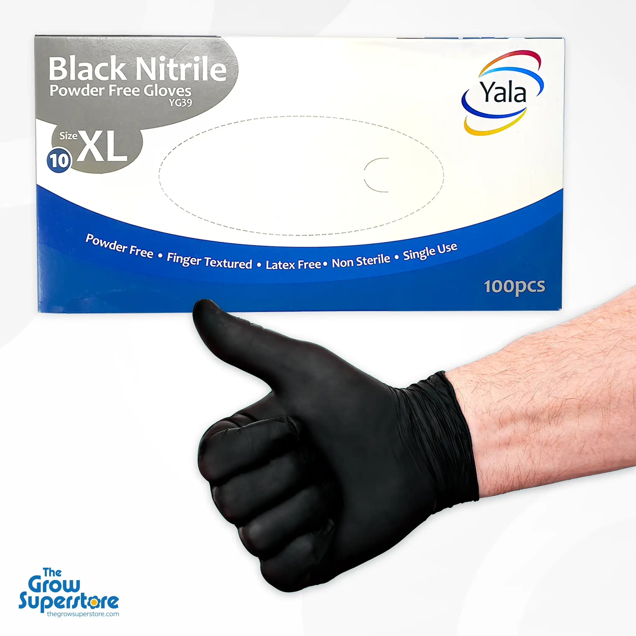 Black nitrile glove thumbs up in front of Size XL glove box. Text includes: powder free, finger textured, latex free, non-sterile.